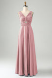 A Line Dusty Rose V Neck Keyhole Long Bridesmaid Dress