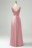 A Line Dusty Rose V Neck Keyhole Long Bridesmaid Dress