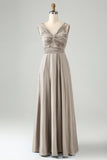 A Line Dusty Rose V Neck Keyhole Long Bridesmaid Dress