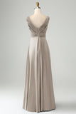 A Line Dusty Rose V Neck Keyhole Long Bridesmaid Dress