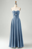 Dusty Blue A Line Sweetheart Keyhole Long Bridesmaid Dress