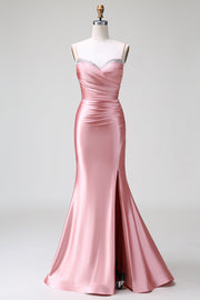 Blush Mermaid Spaghetti Straps Satin Formal Dress with Slit