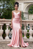 Blush Mermaid Spaghetti Straps Satin Long Formal Dress with Slit