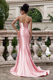 Blush Mermaid Spaghetti Straps Satin Long Formal Dress with Slit