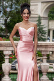 Blush Mermaid Spaghetti Straps Satin Long Formal Dress with Slit