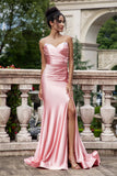 Blush Mermaid Spaghetti Straps Satin Long Formal Dress with Slit