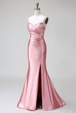 Blush Mermaid Spaghetti Straps Satin Formal Dress with Slit