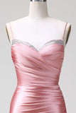 Blush Mermaid Spaghetti Straps Satin Formal Dress with Slit