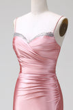 Blush Mermaid Spaghetti Straps Satin Formal Dress with Slit