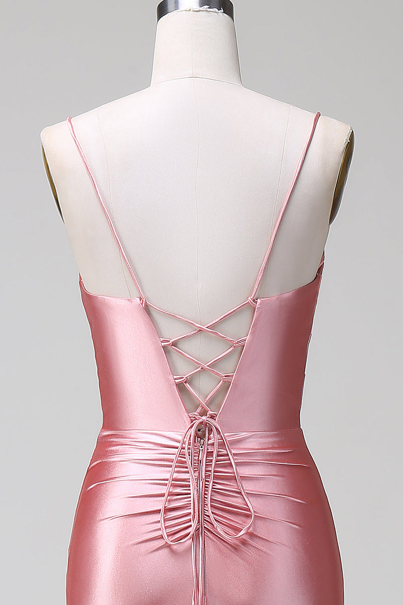 Load image into Gallery viewer, Blush Mermaid Spaghetti Straps Satin Formal Dress with Slit
