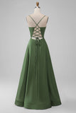 Green A Line Spaghetti Straps Satin Long Bridesmaid Dress