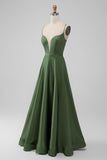 Green Satin V Neck A-line Long Bridesmaid Dress