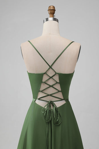 Green Satin V Neck A-line Long Bridesmaid Dress
