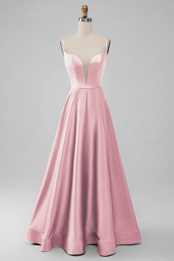 Dusty Rose A-Line V Neck Satin Long Bridesmaid Dress