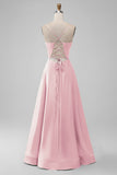 Dusty Rose A-Line V Neck Satin Long Bridesmaid Dress