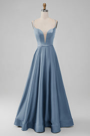 Dusty Blue Satin V Neck A-line Long Bridesmaid Dress