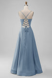 Dusty Blue Satin V Neck A-line Long Bridesmaid Dress