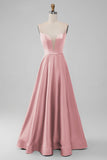 Dusty Rose A-Line V Neck Satin Long Bridesmaid Dress