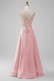 Dusty Rose A-Line V Neck Satin Long Bridesmaid Dress