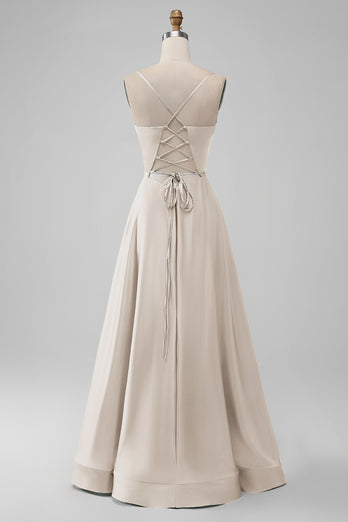 Dusty Rose A-Line V Neck Satin Long Bridesmaid Dress