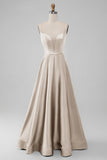 Dusty Rose A-Line V Neck Satin Long Bridesmaid Dress