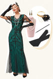 Green Beaded Long Flapper Dress with 1920s Accessories Set