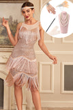 Sparkly Blush Tiered Fringed 1920s Dress with Accessories Set