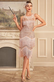 Sparkly Blush Tiered Fringed 1920s Dress with Accessories Set