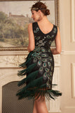 Dark Green Sequins Fringed 1920s Dress with Accessories Set