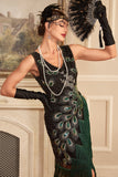 Dark Green Sequins Fringed 1920s Dress with Accessories Set