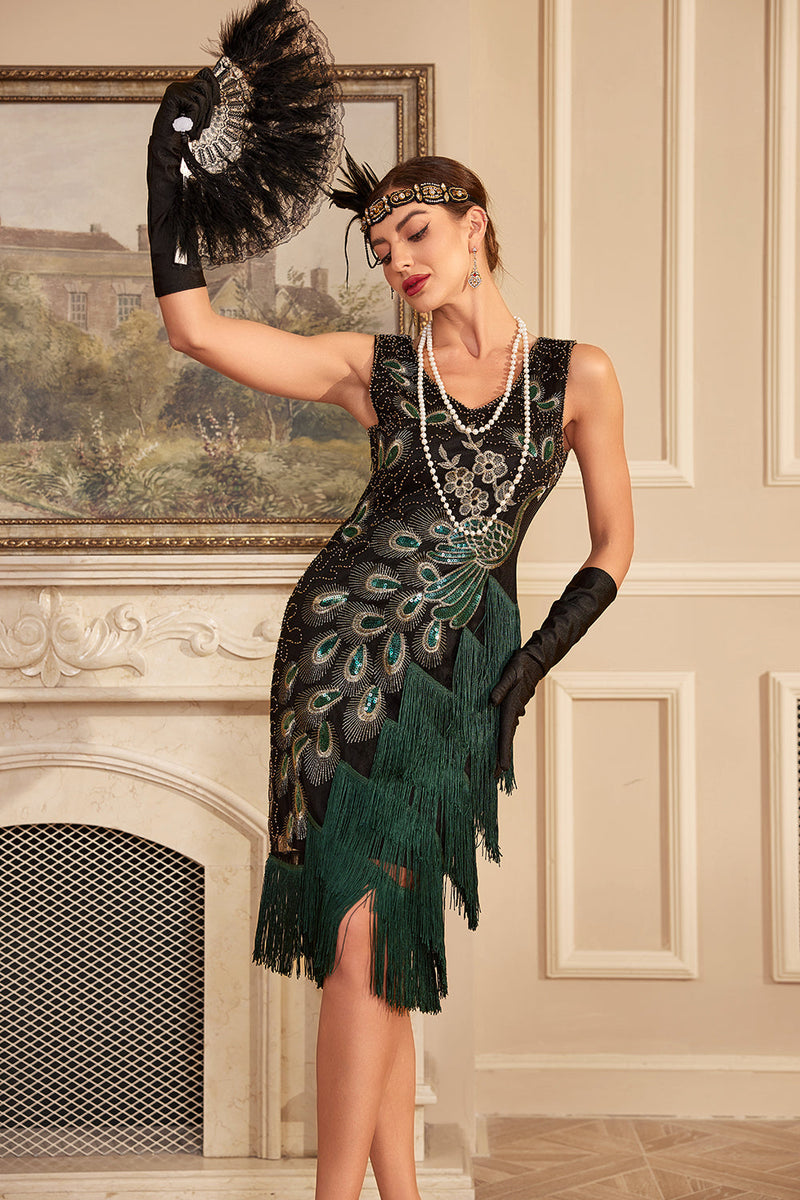 Load image into Gallery viewer, Dark Green Sequins Fringed 1920s Dress with Accessories Set