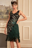 Dark Green Sequins Fringed 1920s Dress with Accessories Set