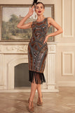 Sparkly Golden Fringes Flapper Dress with 20s Accessories