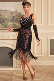 Black Sleeveless Sparkly Fringes Flapper Dress with Accessories Set