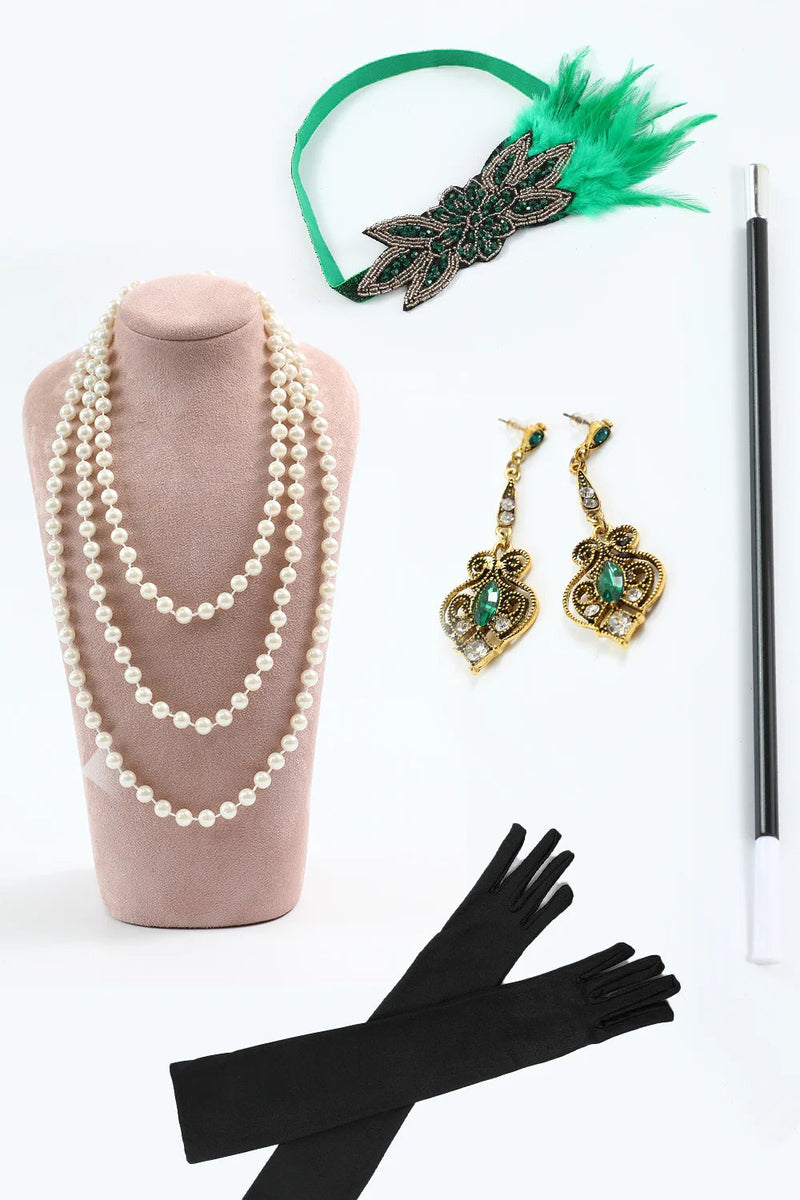 Load image into Gallery viewer, Fringes Green Sequins Sleeveless Flapper Dress with Accessories Set