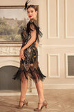 Black Golden Sequins Fringe 1920s Flapper Dress with 20s Accessories Set