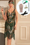 Green Golden Sequins Fringe 1920s Gatsby Dress with Accessories Set