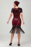 Sparkly Black Red Bodycon Fringed Midi 1920s Dress with 5-Piece Accessories Set