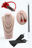 Sparkly Black Red Bodycon Fringed Midi 1920s Dress with 5-Piece Accessories Set