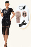 Sparkly Black Bodycon Sequins Fringed 1920s Dress with 5-Piece Accessories Set