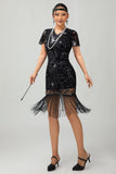 Sparkly Black Bodycon Sequins Fringed 1920s Dress with 5-Piece Accessories Set