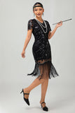 Sparkly Black Bodycon Sequins Fringed 1920s Dress with 5-Piece Accessories Set
