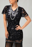 Sparkly Black Bodycon Sequins Fringed 1920s Dress with 5-Piece Accessories Set