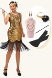 Sparkly Black Golden Bodycon Fringed 1920s Dress with 5-Piece Accessories Set
