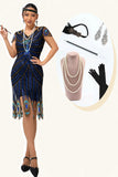 Sparkly Black Blue Bodycon V Neck Midi 1920s Dress with 5-Piece Accessories Set