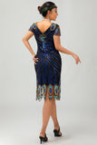 Sparkly Black Blue Bodycon V Neck Midi 1920s Dress with 5-Piece Accessories Set