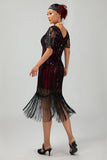 Sparkly Burgundy Gatsby Tight Fringed Midi 1920s Dress with Accessories Set