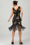 Sparkly Black Fringed Sequins Gatsby Midi 1920s Dress with 5 Piece Accessory Set