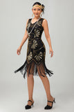 Sparkly Black Fringed Sequins Gatsby Midi 1920s Dress with 5 Piece Accessory Set