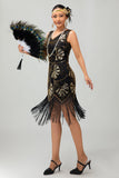 Sparkly Black Fringed Sequins Gatsby Midi 1920s Dress with 5 Piece Accessory Set